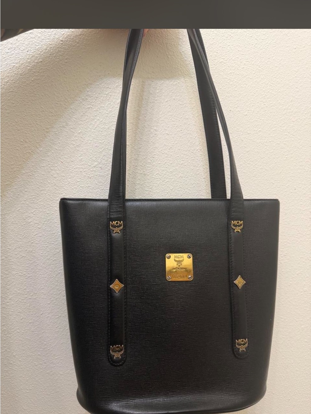 MCM Black Leather Tote with Gold Plaque
